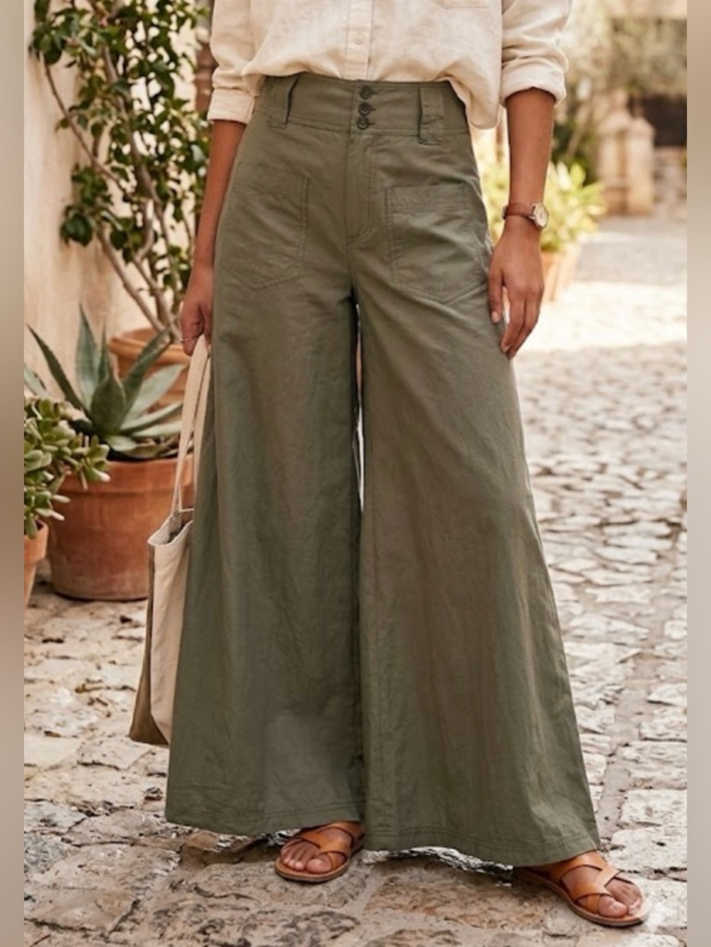 Free People Olive Wide-Leg High-Waist Pants
